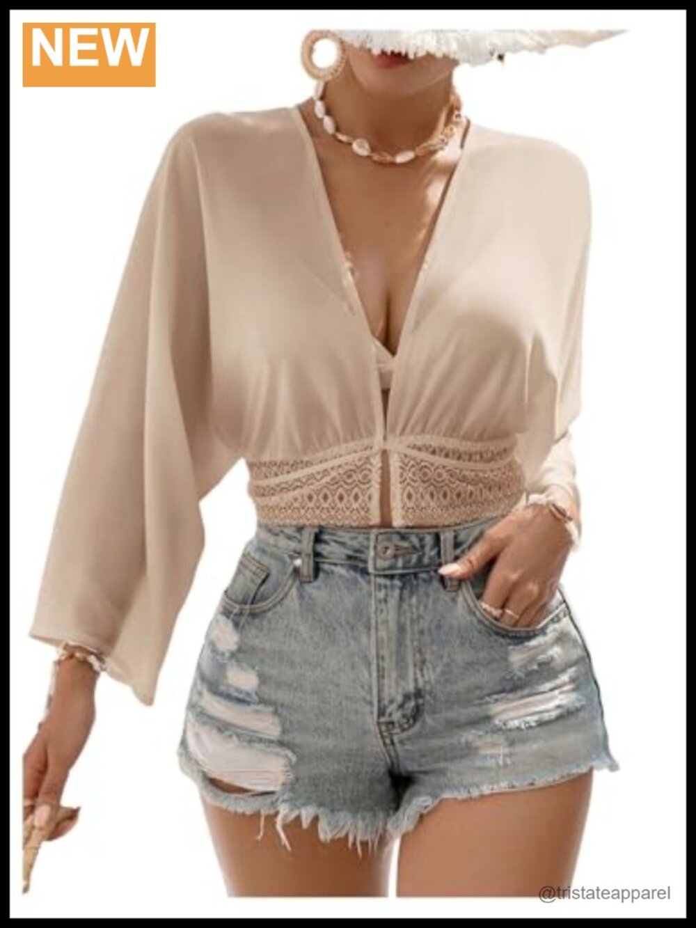 Women Boho Sheer Cropped Top V-Neck 3/4 Sleeve Blouse